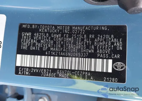 2022 Toyota Camry Trd z USA, uszkodzony, nr VIN 4T1KZ1AK6NU065337